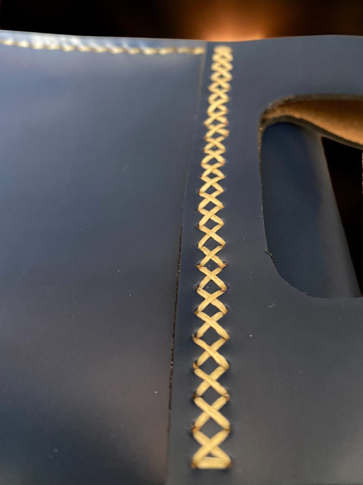 Handmade Navy and Cognac Leather Belt Bag with Decorative Thor’s Hammer Design