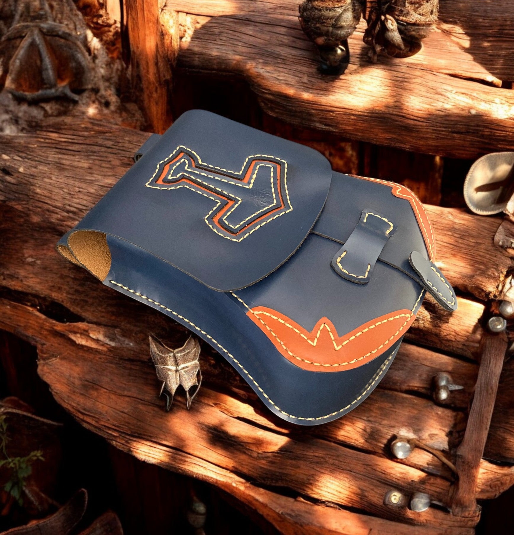 Handmade Navy and Cognac Leather Belt Bag with Decorative Thor's