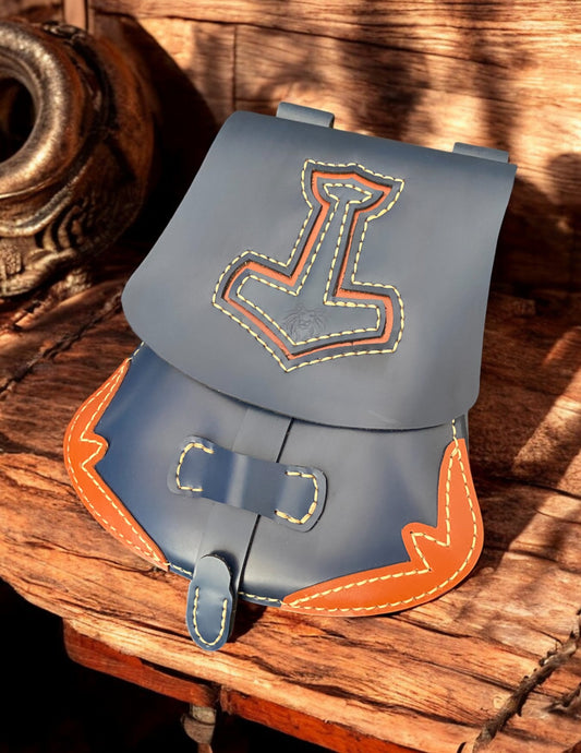 Handmade Navy and Cognac Leather Belt Bag with Decorative Thor’s Hammer Design