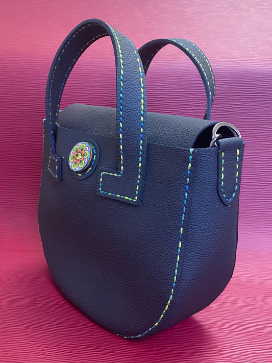 Handmade Black Leather Crossbody Bag with Top Handles & Multicoloured Stitching